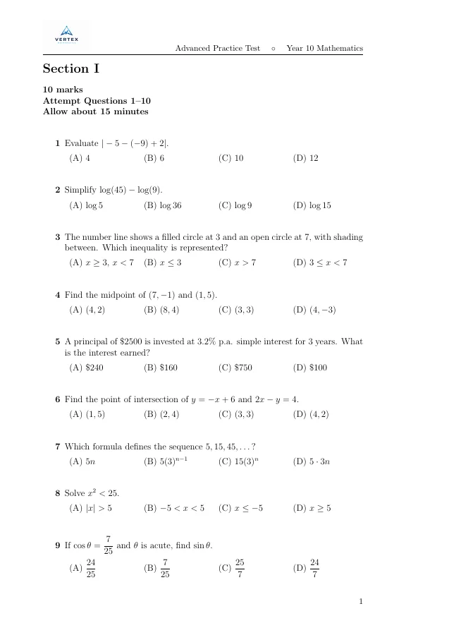 Advanced Year 10 practice test sample page