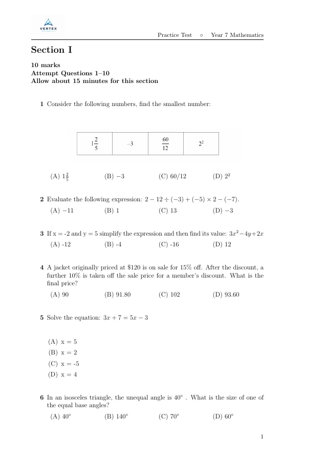Year 7 practice test sample page