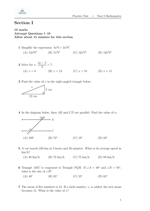 Year 8 practice test sample page