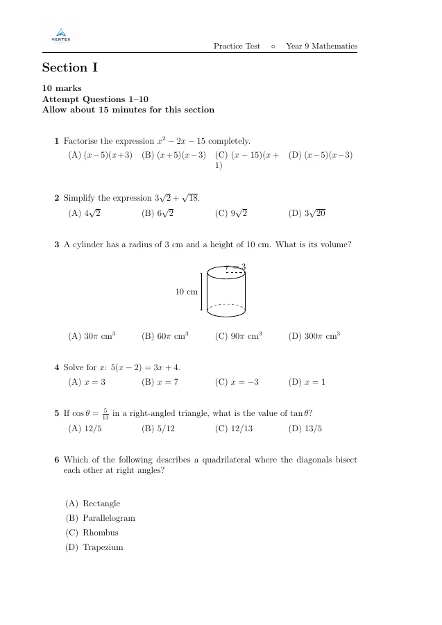 Year 9 practice test sample page