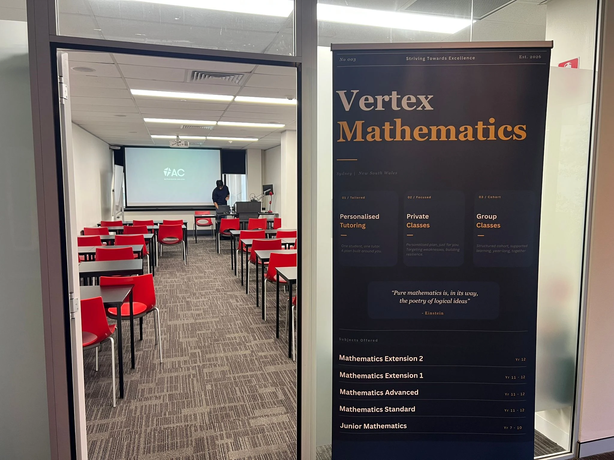 Vertex Mathematics banner beside the entrance to the Parramatta classroom